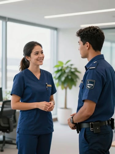 Uma supervisora de facilities em uniforme azul-marinho, sorrindo e conversando com uma segurança em um lobby de escritório moderno e iluminado, com janelas grandes e plantas. Perspectiva média, luz natural brilhante.