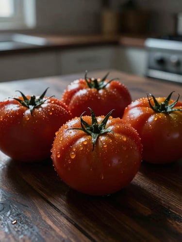 Low-key, directional natural light close-up of dew-glistening heirloom tomatoes on a dark wooden table, soft shadows, rustic Scandinavian kitchen atmosphere.