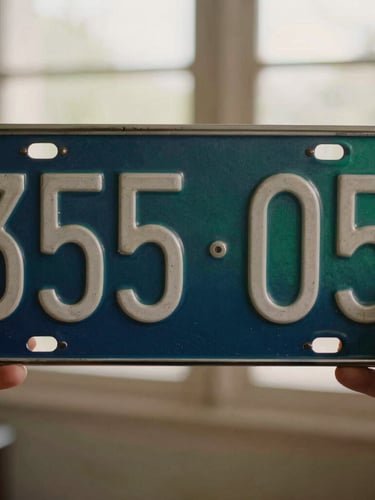 Close-up of a classic metal license plate being held by hands, warm natural light, soft focus on the embossed numbers, 35mm.
