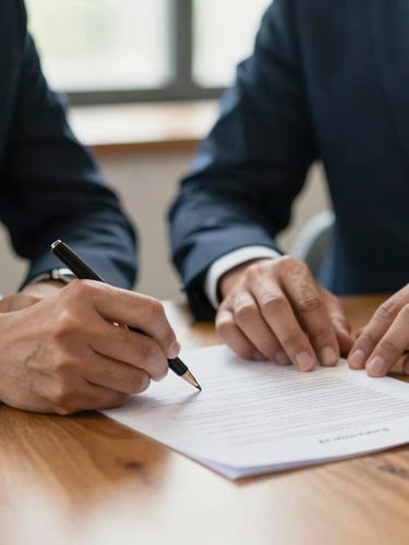 Close-up of hands signing a structured document on a warm wooden desk, soft side-lighting from a window, shallow depth of field, professional and calming.