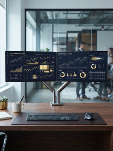 A clean, modern double-monitor setup displaying complex financial projections and dashboards under cool natural office light, editorial 50mm composition.