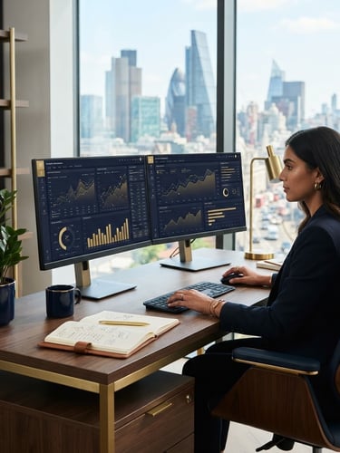 A sharp, sunlit corporate workspace with dual monitors displaying clean financial dashboards, deep navy and prestige gold accents, premium corporate photography, 50mm.