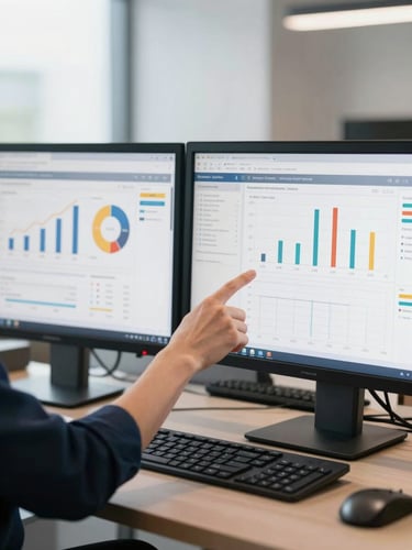 Hands pointing at clean financial dashboard on dual monitors, crisp natural office lighting, deep navy accents, professional 50mm
