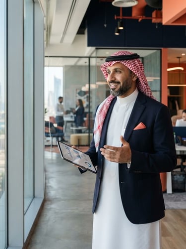 Medium-close environmental portrait of a professional Saudi operations director in a modern Jeddah corporate office, bright natural daylight filtering through glass, deep navy and warm coral accents, sharp focus, architectural depth