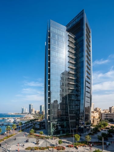 Wide-angle editorial corporate photograph of a modern glass high-rise in Jeddah, bright natural Saudi sunlight casting sharp architectural shadows, deep navy reflections.