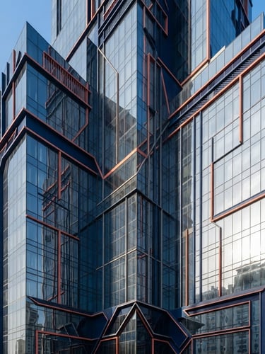 Wide-angle architectural crop of a modern corporate headquarters in Jeddah, sharp glass facade reflecting bright morning Saudi sunlight, deep navy shadows and clean lines, editorial corporate photography.