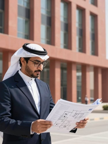 Medium-close environmental portrait of a professional Saudi operations manager reviewing architectural digital blueprints on-site inside a modern Jeddah corporate building, bright natural daylight