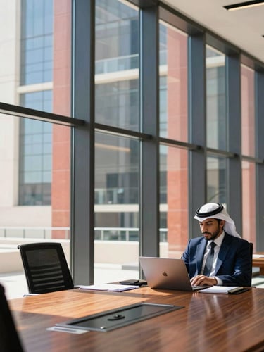 Modern corporate boardroom in Jeddah, filtered natural sunlight through high glass windows, professional atmosphere, architectural depth