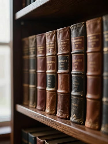 Dramatic side-lit close-up of leather-bound academic volumes on a dark oak shelf, soft library window light, shallow depth of field