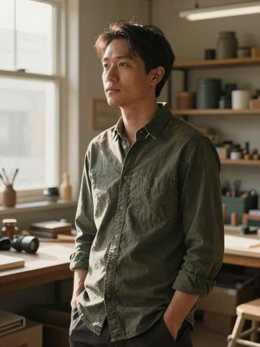 Environmental portrait of a business owner in a sunlit workshop, looking off-camera, soft directional window light, rich warm tones, editorial style.