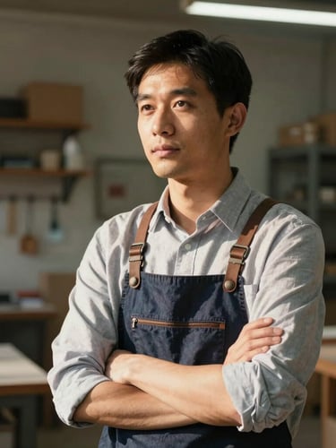 Environmental portrait of a business owner in a sunlit workshop, looking thoughtfully off-camera, warm natural shadows