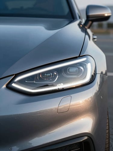 Close-up of a sleek modern car headlight, cool daylight, sharp metallic reflections, deep blue and silver tones, 50mm lens