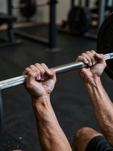Tight macro shot of an athlete's chalked hands gripping a steel barbell, dramatic high-contrast directional studio lighting, deep shadows, premium training space.