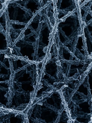 High-resolution scanning electron microscopy (SEM) image showing interconnected graphenated carbon nanotubes at micro scale, high contrast backlighting, cool laboratory tones.
