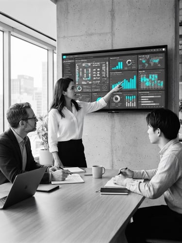Clean editorial photography, bright natural daylight, crisp black and white with cyan accents. A modern meeting room where professionals analyze retail data layouts on a screen, sharp focus, 35mm.