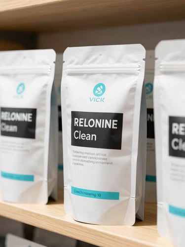 Close-up of premium clean packaging on a bright wooden shelf, soft morning light, clean editorial aesthetic, sharp focus