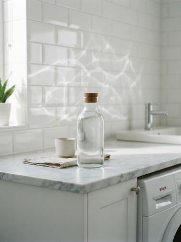 Bright sunlit clean laundry room with white tiles, a single premium glass bottle of detergent on a marble counter, soft water reflections on the wall, 35mm photography