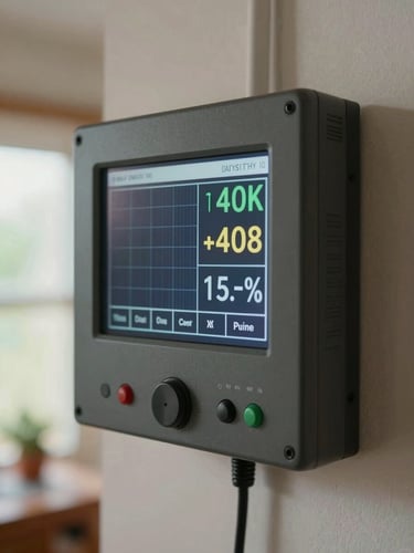 Close-up of a solar inverter monitoring display mounted on an interior wall, screen showing live daily output in kilowatt-hours and rupee savings, natural indoor daylight, real home context visible in soft focus