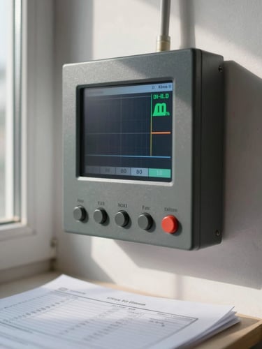 Close-up of a solar inverter monitoring display mounted on a white interior wall, screen showing live output readings in kilowatts, natural daylight from a nearby window casting soft shadows, slightly blurred electricity bill document visible in the foreground