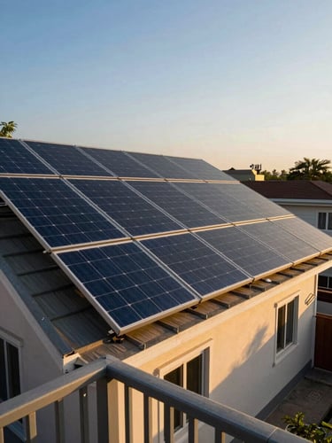 Wide environmental shot of a suburban Indian home rooftop with a neat array of solar panels installed, morning golden-hour light raking across the panel surface, terrace railing visible in lower frame, clear blue sky, no people