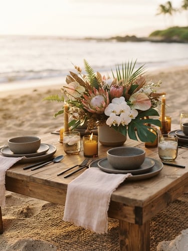 Close-up of a low-profile wooden picnic table set on a secluded sandy beach at golden hour, with blush linen napkins, basalt-toned ceramics, and locally sourced tropical florals. Shallow depth of field, warm light.
