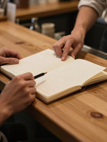 Close-up of a restaurant owner's hands reviewing a simple logbook on a wooden counter, warm tungsten indoor light, a pen resting beside the open pages, no faces visible, natural and unposed