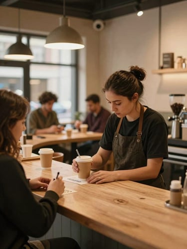 Wide shot from the corner of a warm café interior at evening service, a barista writing a customer's name on a kraft cup under amber tungsten light, regulars visible at counter in soft focus, natural depth of field