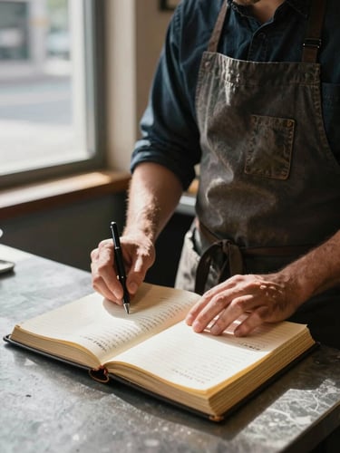 Close documentary frame of a restaurant owner in an apron reviewing a worn logbook on a counter, north-facing daylight from a side window casting soft shadows, pen resting on an open page of handwritten names