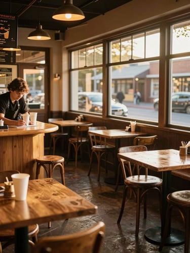 Wide panoramic shot of a warm neighbourhood restaurant interior at golden hour, amber window light falling across wooden tables and worn counter stools, a staff member writing a name on a paper cup in the left foreground, no faces looking at camera, natural and unposed