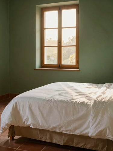 Immaculate minimalist bedroom with crisp white linens, warm golden-hour sunlight filtering through a wooden window, terracotta floor tiles, soft editorial photography