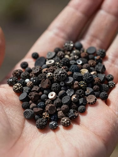 Macro shot of Absorb-Z volcanic mineral granules in a farmer's hand, natural daylight, high detail