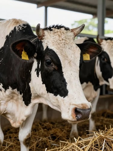 Close-up of healthy dairy cows in a clean, dry Costa Rican stable, bright natural daylight, focus on dry bedding
