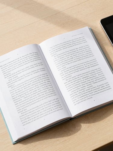Overhead flat-lay of an open textbook displaying elegant typographic layout alongside a digital tablet on a clean wooden desk, bright natural daylight, soft shadows