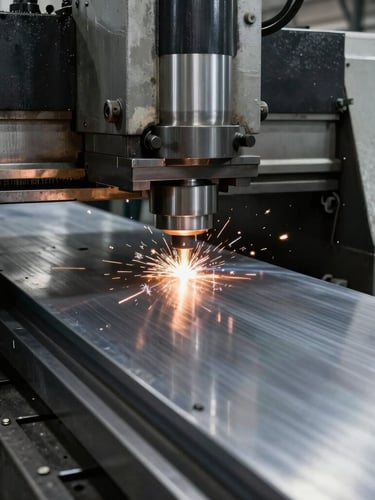 High-contrast portrait of a heavy-duty CNC press brake bending a thick steel plate, cold metallic reflections, industrial workshop setting, sharp focus, 35mm