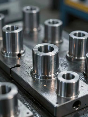 Industrial workshop photography, close-up of clean CNC-milled steel parts with cold steel tones and sharp focus, 35mm