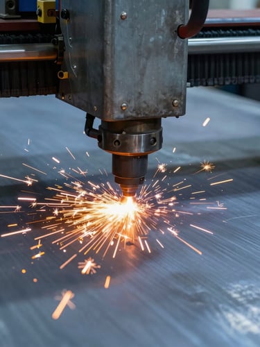 Close-up of a high-power industrial fiber laser cutting thick steel plate, dramatic orange sparks flying, cold blue-gray steel background, high-contrast workshop lighting, sharp focus, 35mm
