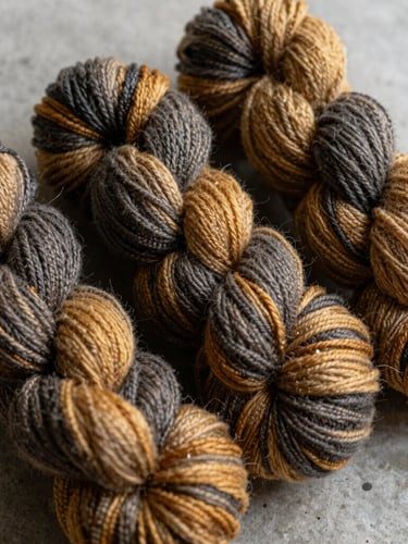 Macro overhead shot of hand-dyed wool hanks in deep charcoal and warm-gold tones, arranged on a concrete surface under soft diffused daylight