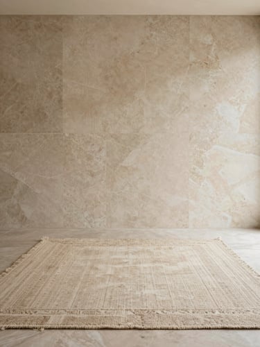 A luxury hand-woven carpet inside a minimalist travertine marble villa, warm editorial style, portrait aspect.