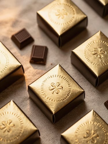 Close-up overhead flat-lay of premium confectionery boxes with gold foil stamped labels arranged on warm linen fabric, warm tungsten studio light raking from the left, sharp focus on embossed packaging detail, dark chocolate pieces unwrapped beside sealed cartons