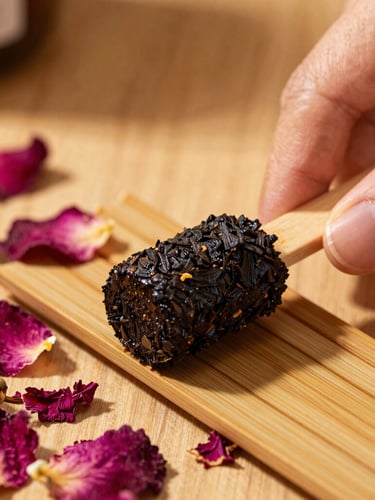 Extreme close-up macro of artisan hands gently rolling dark botanical paste onto a bamboo stick, scattered dried rose petals and marigolds, warm side lighting, rich saturated jewel tones.