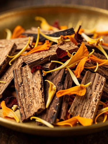 luxurious editorial photography of raw sandalwood chips and dried marigold petals nestled on a dark brass plate, warm side-lighting, macro depth of field, 35mm