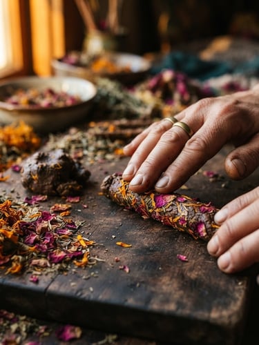 Macro photograph of dried marigold and rose petals being hand-rolled into incense on a dark wooden surface, dramatic golden-hour side lighting, 35mm