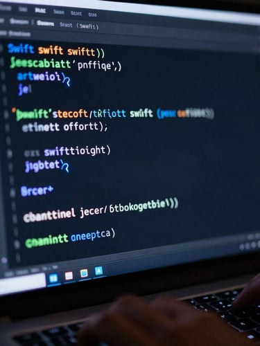 Close-up of a code editor displaying clean Swift code with syntax highlighting on a dark terminal theme, subtle electric blue cursor reflection, developer's hands on keyboard.