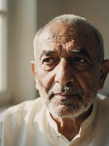 A close-up, unposed portrait of Baba Kamal in deep thought, looking away from the camera, soft natural window light casting deep shadows on his face, warm ivory and charcoal tones, shallow depth of field, 35mm