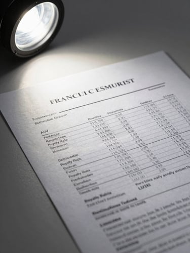 Extreme close-up of a printed franchise deal summary document on a matte grey desk, studio strobe lighting from upper left casting sharp shadows across columns of financial data — AUV, royalty rate, breakeven timeline — document edges slightly off-frame, no faces, no branding
