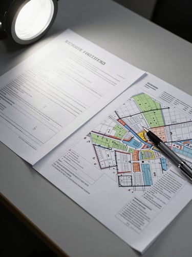 Close-detail overhead shot of transaction documents and a zoning map spread flat on a matte gray desk surface, studio strobe lighting from upper left ensuring full legibility of printed grid lines and margin annotations, a mechanical pencil resting across the corner of one page, tight crop with no human hands visible