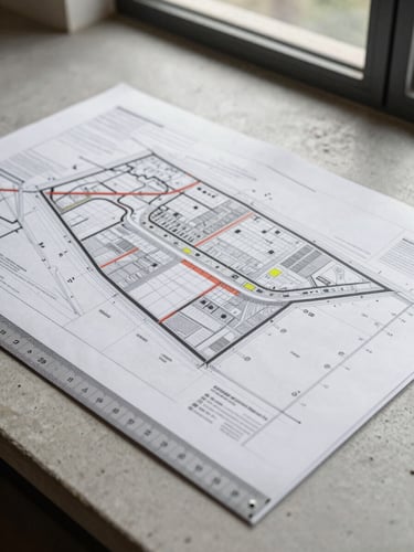 Close detail shot of a site zoning plan spread flat on a light concrete surface, natural daylight from a high window, technical line markings and parcel boundaries clearly legible, a scale ruler resting along the lower edge, no people visible