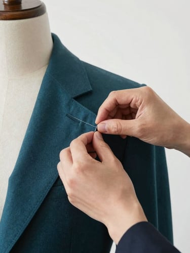 Close-up of master tailor hands pinning a deep teal wool blazer on a minimalist mannequin, soft natural daylight, sharp focus on the seam.