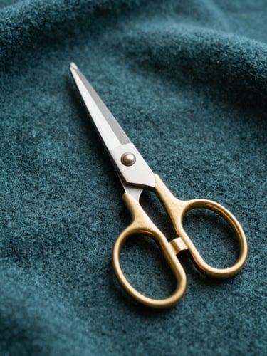 Macro shot of professional brass tailor shears resting on heavy deep teal wool fabric, soft natural side daylight, dust particles in air, 35mm editorial photography