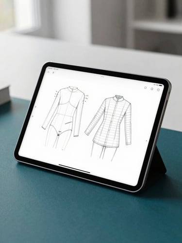 A modern minimalist tablet displaying a clean digital interface with technical garment sketches, soft daylight, premium atelier setting